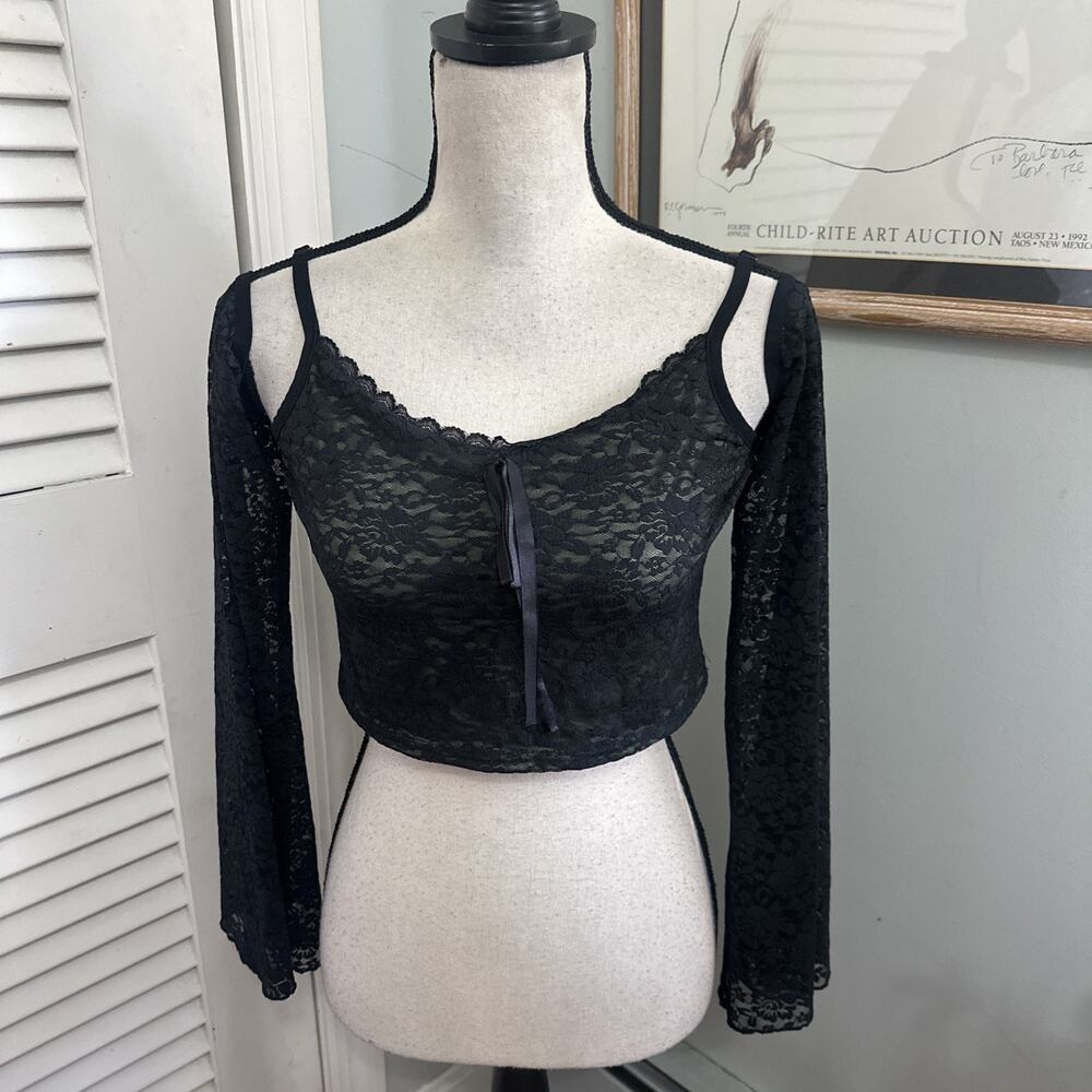 Thorn & Fable Crop Top Womens Large Black Lace Cold Shoulder Vampy Whimsigoth